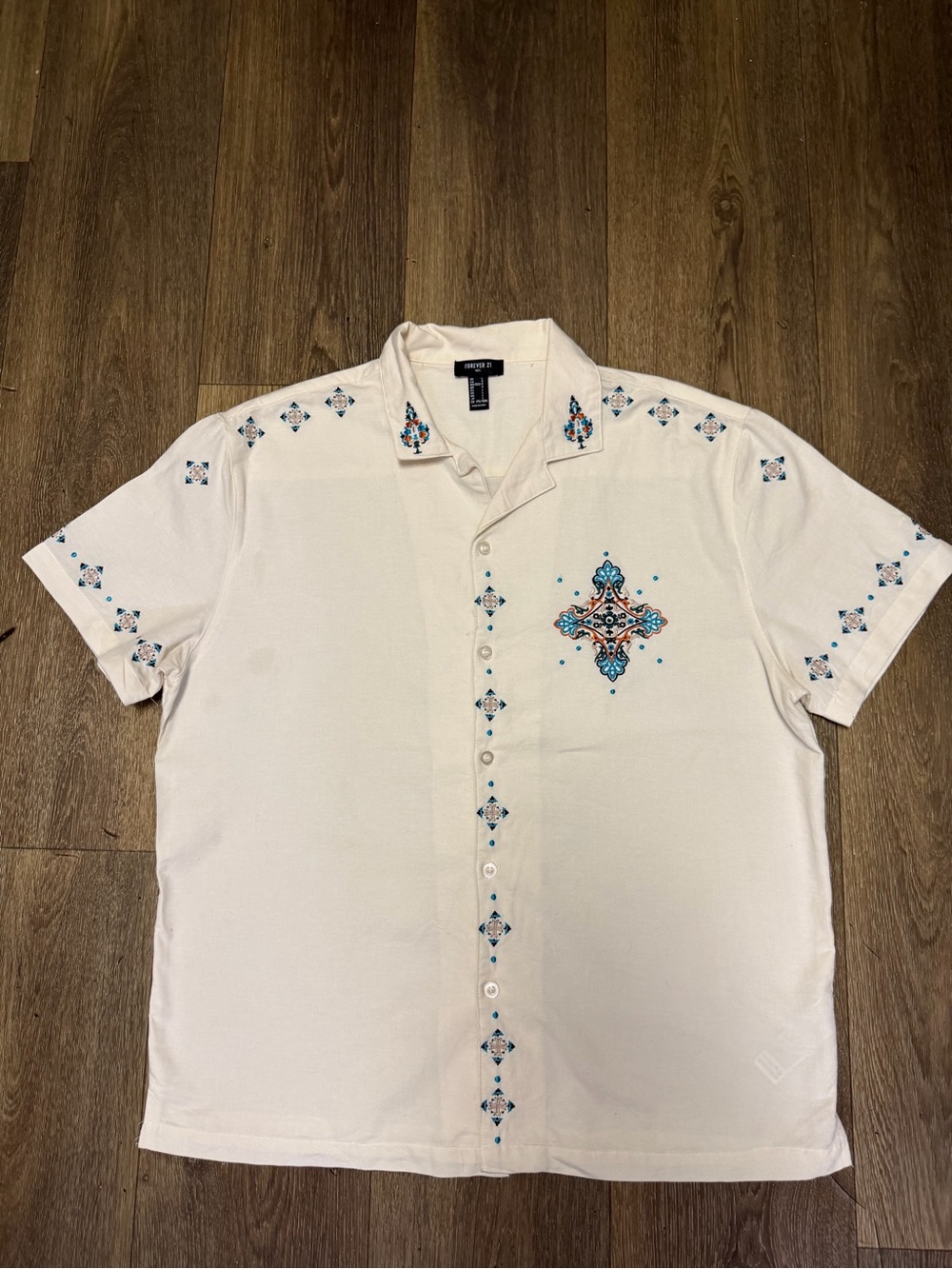 Forever 21 White Short Sleeve Embroidered Button-Down Shirt